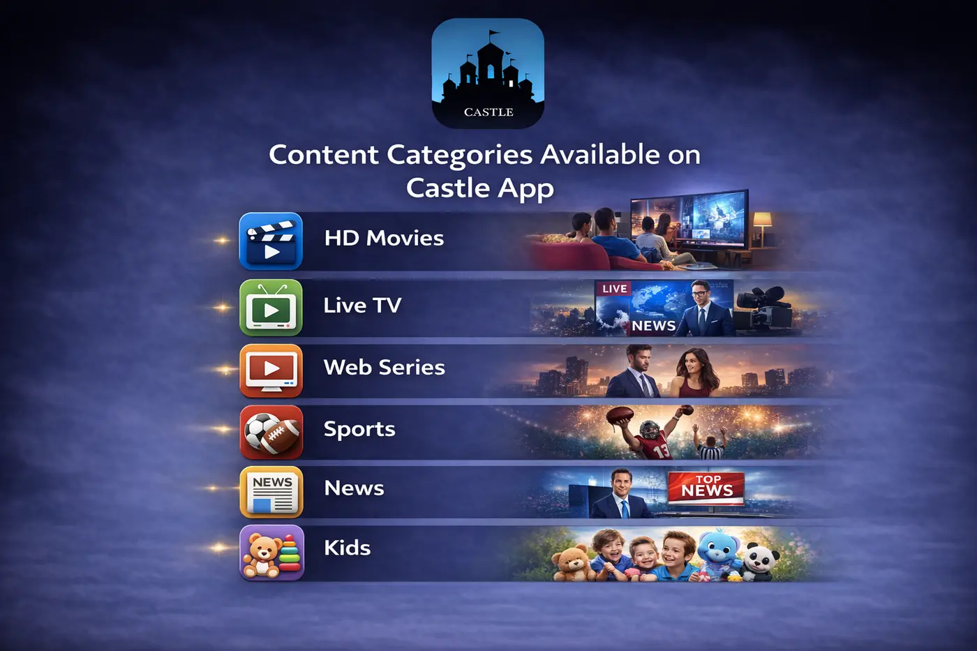 Content categories available on Castle App — movies, live TV, web series, sports, news, kids